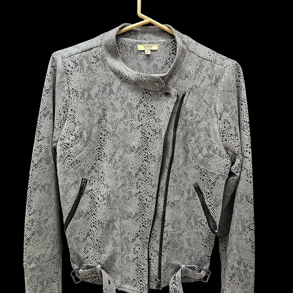 Kori America Womens Snakeskin Print Moto Jacket Grey Black Faux Leather Medium